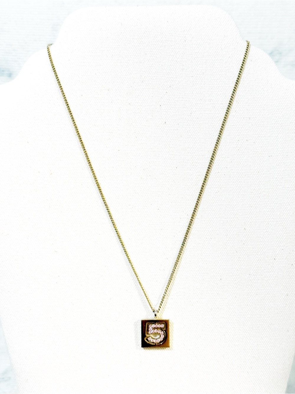 Chanel Vintage 24K Gold Plated Pink No.5 Rhinestone Pendant Necklace - Picture 6 of 16